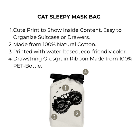 Bag-all Cat Sleepy Mask Bag in cream cotton featuring black cat eye mask print, eco-friendly water-based ink, and recycled PET ribbon drawstring for organized sleep accessories storage