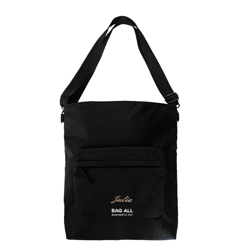 Bag-all City Backpack/Tote in black recycled nylon, convertible design with padded laptop compartment, front zipper pocket, adjustable straps for versatile carrying options