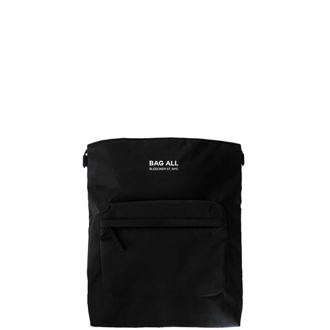 Bag-all City Backpack/Tote in sleek black recycled nylon, featuring convertible straps, padded laptop compartment, front zipper pocket, and signature striped interior lining.