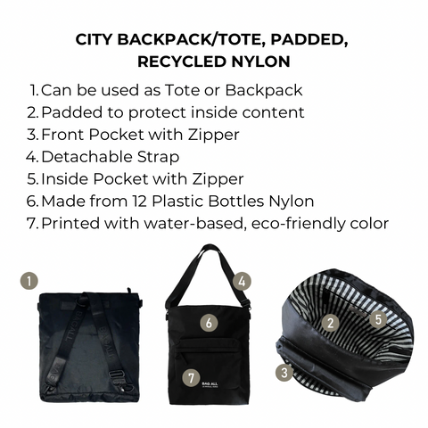 Bag-all City Backpack/Tote in black recycled nylon, featuring convertible straps, padded laptop protection, front and inside zippered pockets, made from 12 recycled plastic bottles.