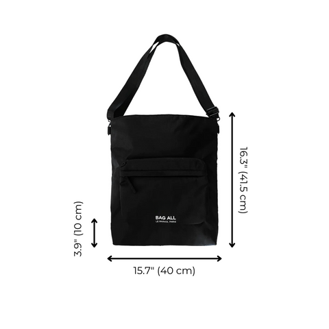 Bag-all City Backpack/Tote in black recycled nylon with dimensions 15.7" x 16.3" x 3.9", featuring convertible straps, padded laptop compartment, and zippered pockets