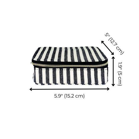 Bag-all Cosmetics/Trinket Box featuring classic black and white stripes, gold zipper closure, and coated lining. Measures 5.9 x 5 x 1.9 inches. Perfect for organizing makeup and small accessories.