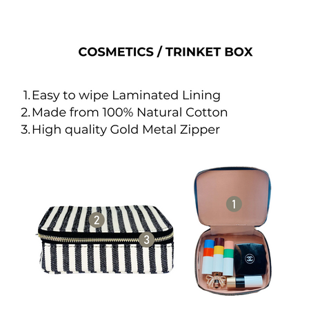 Bag-all Cosmetics/Trinket Box featuring black and white stripes, gold zipper, and cotton construction with laminated interior for makeup and accessories storage and organization