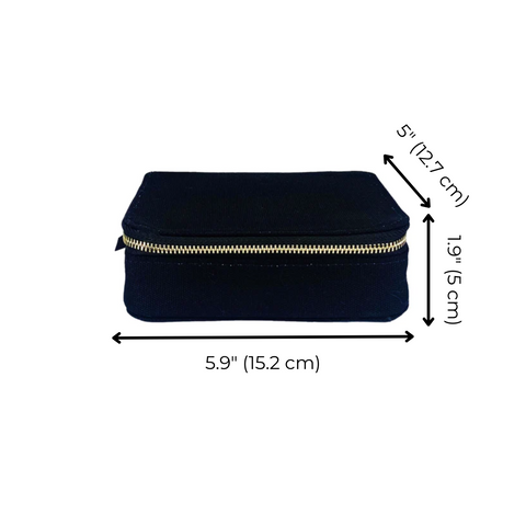 Bag-all Black Cosmetics/Trinket Box with gold zipper closure, perfect for organizing makeup and accessories. Compact size 5.9x1.9x5 inches, travel-friendly design with striped interior lining.