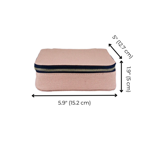 Bag-all Pink Cosmetics/Trinket Box with gold zipper, blush canvas exterior, striped interior lining, perfect for organizing makeup and accessories, 5.9x1.9x5 inches