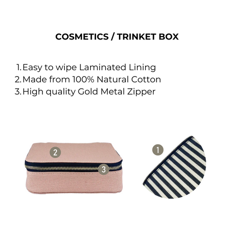Bag-all Pink Cosmetics/Trinket Box with striped lining, natural cotton construction, and gold zipper - perfect for organizing makeup and accessories in style. Personalization available.
