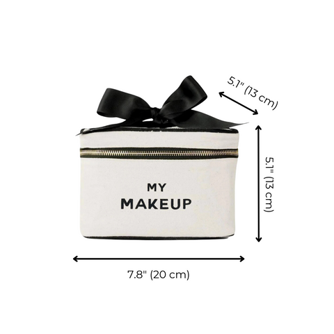 Bag-all My Makeup Cosmetic Box in cream canvas with black bow, gold zipper and dimensions 7.8x5.1x5.1 inches, perfect for organizing beauty essentials