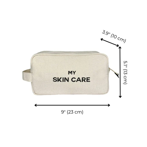 Bag-all My Skin Care Organizing Pouch in natural cotton canvas, waterproof lined, perfect for skincare storage, measures 9x3.9x5.1 inches, embroidered text in black