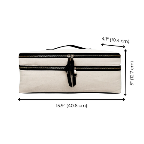Bag-all Double Hair Tools Travel Case in cream color with dual compartments, black zippers, and measurements 15.9 x 5 x 4.1 inches, perfect for Dyson Airwrap storage