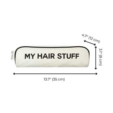 Bag-all Hair Stuff Travel Case in cream with black text, featuring dimensions 35cm x 8cm x 12cm. Perfect organizer for hair tools and accessories with heat-resistant cotton material.