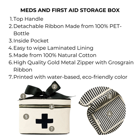 Bag-all Meds and First Aid Storage Box in cream cotton with black cross, gold zipper, striped lining, and recycled PET ribbon handle - stylish medical organizer