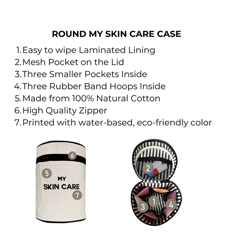 Bag-all Round My Skin Care Case in cream with laminated lining, mesh pocket, and three interior compartments. Eco-friendly cotton cylinder organizer with rubber bands for secure storage.