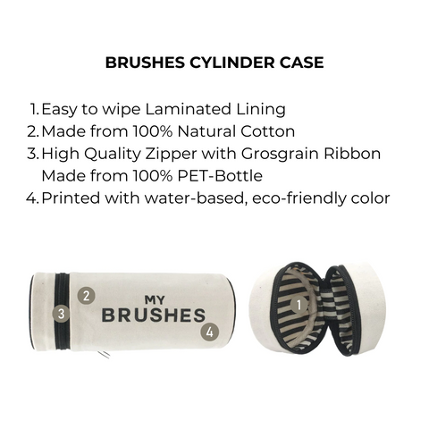 Bag-all Brushes Cylinder Case in cream - Eco-friendly cotton makeup brush organizer with striped lining and zipper closure, perfect for travel and vanity storage