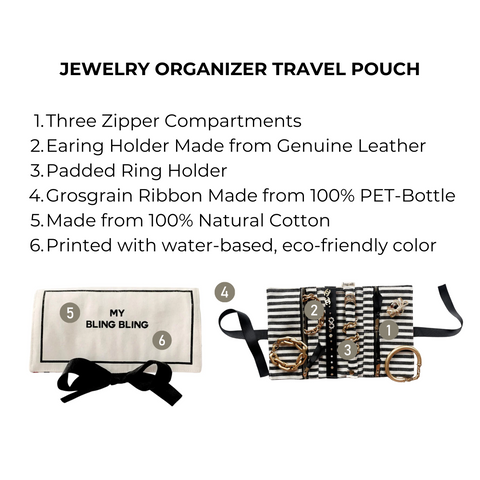 Bag-all Jewelry Organizer Travel Pouch in cream cotton features three zip compartments, leather earring holder, padded ring section, and striped interior with sustainable black bow accent
