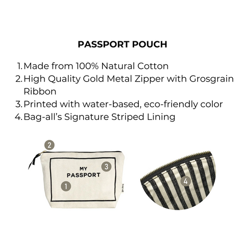 Bag-all Passport Pouch in cream cotton with gold zipper and striped lining - eco-friendly travel organizer for multiple passports and documents