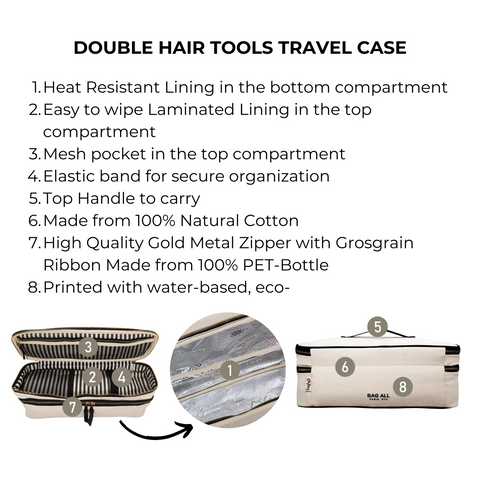 Bag-all Double Hair Tools Travel Case in cream features heat-resistant lining, mesh pocket, elastic bands, and eco-friendly gold zipper for secure organization of Dyson Airwrap and styling tools
