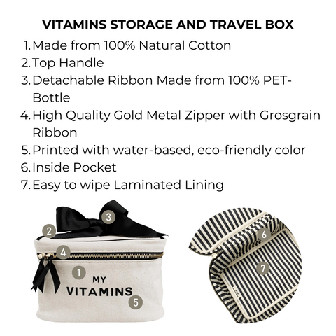 Bag-all Vitamins Storage and Travel Box in cream cotton with gold zipper, black bow handle, striped interior lining, waterproof design, perfect for organizing supplements at home or while traveling