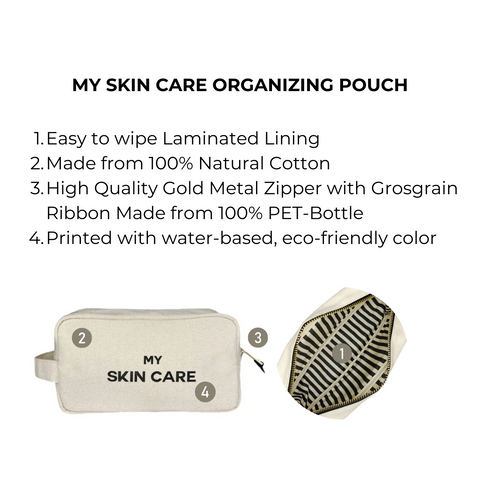 Bag-all My Skin Care Organizing Pouch in natural cotton with waterproof striped lining, gold zipper and handle. Eco-friendly cosmetic case for bathroom storage and travel.