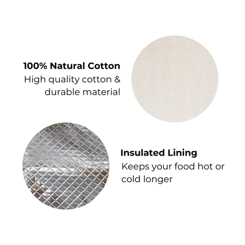 Bag-all Stylish Monogram Lunch Box features natural cotton exterior and quilted insulated lining, keeping food at desired temperature. Cream colored, durable design ideal for daily use.