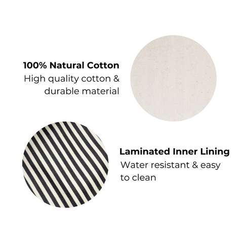 Bag-all Toiletry Pouch with Coated Lining in cream color, featuring natural cotton exterior and water-resistant striped laminated interior, perfect for organized travel storage