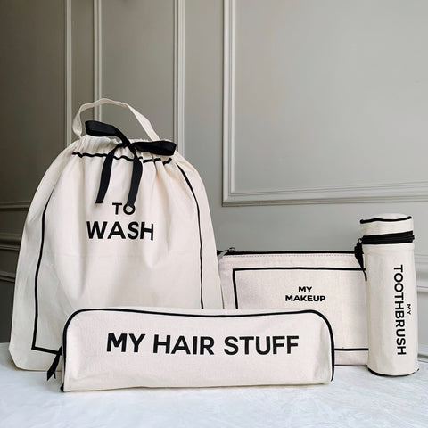 Bag-all Best Deal Gift Set featuring cream cotton travel essentials: To Wash laundry bag, makeup pouch, hair stuff case, and toothbrush holder with striped lining