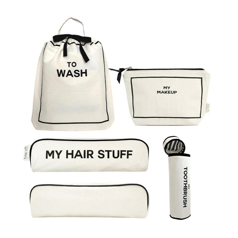 Bag-all Best Deal Gift Set featuring cream cotton travel organizers: To Wash laundry bag, makeup pouch, hair stuff case, and toothbrush holder with signature striped lining
