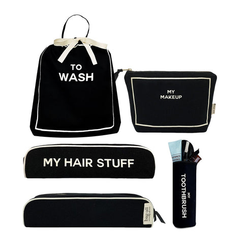 Bag-all Best Deal Gift Set featuring black cotton travel organizers: To Wash laundry bag, makeup pouch, hair stuff case, and toothbrush holder with striped lining