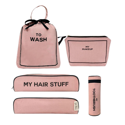 Bag-all Best Deal Gift Set featuring pink cotton travel essentials: To Wash laundry bag, makeup pouch, hair stuff case, and toothbrush holder with striped lining