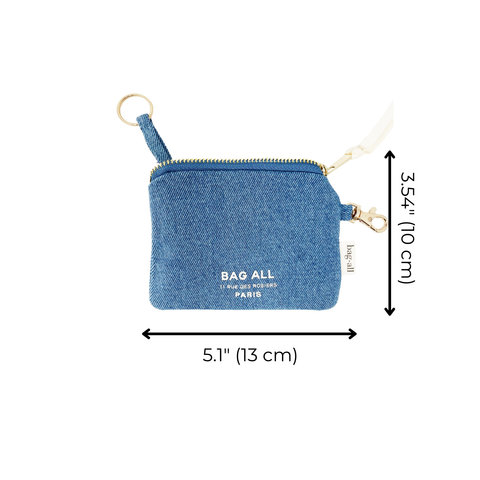 Bag-all Mini Trinket Pouch in denim blue with gold hardware, featuring zip closure and brand logo, perfect for organizing small essentials. Compact size 5.1x3.54 inches.