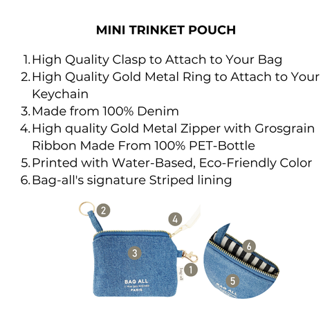 Bag-all Mini Trinket Pouch in denim with gold hardware, eco-friendly zipper, and striped lining - compact organizer for small essentials with keychain attachment and water-based printing