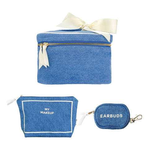 Bag-all Trendy Denim Travel Gift Set featuring cosmetic box with cream bow, makeup pouch, and earbuds case in coordinating blue denim with white accents and gold hardware