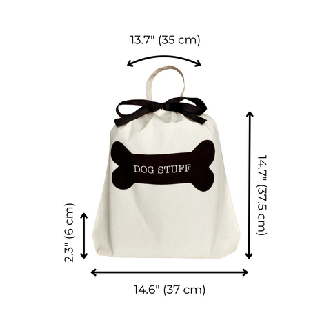 Bag-all Dog Stuff Bag in cream cotton with black bone design, black ribbon tie closure, and measurements shown. Perfect for organizing pet accessories.