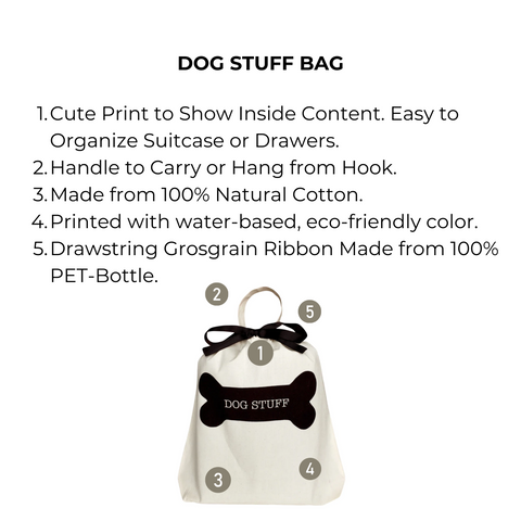Bag-all Dog Stuff Bag in cream cotton with black bone print, eco-friendly drawstring organizer featuring natural materials and monogram option for pet accessories and storage