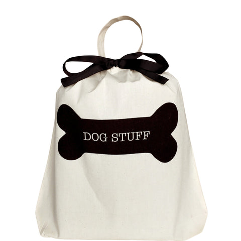 Bag-all Dog Stuff Bag in cream cotton with black bone design and ribbon, perfect for organizing pet accessories and supplies
