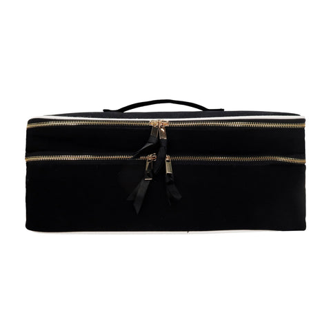 Bag-all Double Hair Tools Travel Case in black with dual compartments, gold zippers, and heat-protective lining for Dyson Airwrap and styling accessories