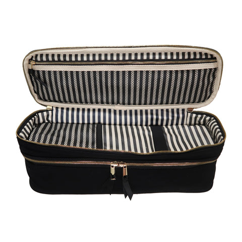 Bag-all Double Hair Tools Travel Case in black with striped interior lining, dual compartments, heat-protective bottom, and secure bands for Dyson Airwrap storage