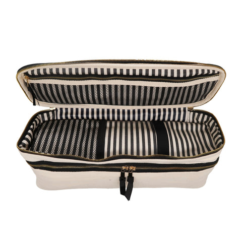 Bag-all Double Hair Tools Travel Case in Cream with striped interior, dual compartments, heat-protective lining, and secure bands for Dyson Airwrap storage