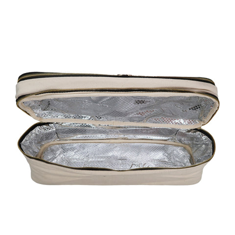 Bag-all Double Hair Tools Travel Case in cream with dual heat-protective compartments, silver thermal lining, and secure bands for Dyson Airwrap storage and organization