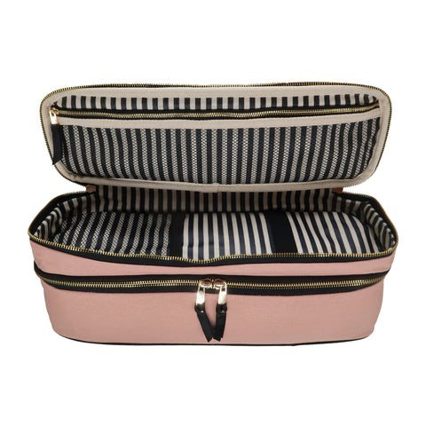 Bag-all Double Hair Tools Travel Case in Pink/Blush with striped interior lining, dual compartments, heat-protective bottom, and secure rubber bands for Dyson Airwrap storage