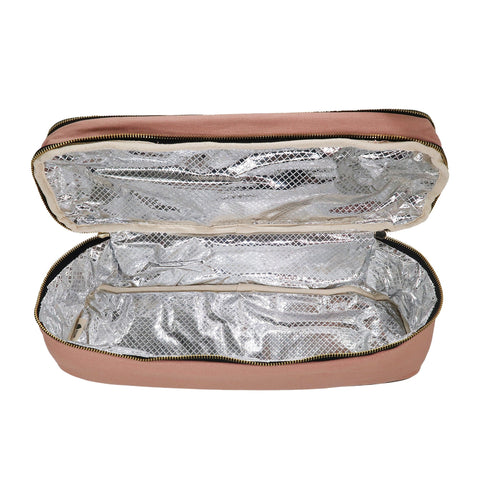 Bag-all Double Hair Tools Travel Case in Pink/Blush featuring dual heat-protective compartments, silver thermal lining, and secure bands for Dyson Airwrap and styling tools storage