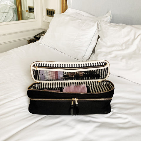 Bag-all Double Hair Tools Travel Case in black with striped interior, featuring dual compartments, heat-protective lining and clear display window for Dyson Airwrap storage