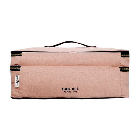 Bag-all Double Hair Tools Travel Case in Pink/Blush featuring heat-protective lining, dual compartments with secure bands, and storage pocket for accessories. Perfect for Dyson Airwrap