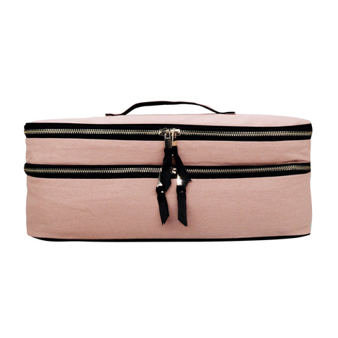 Bag-all Double Hair Tools Travel Case in pink blush with dual compartments, heat-protective lining, and black zipper details, perfect for Dyson Airwrap storage