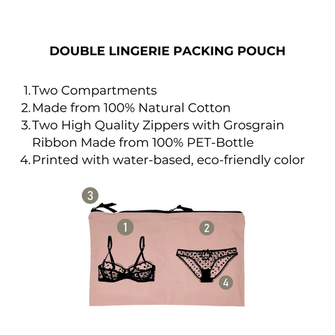 Bag-all Double Lingerie Packing Pouch in Pink/Blush with dual compartments, featuring black lingerie print design, natural cotton material, and eco-friendly metal zippers for organized travel storage