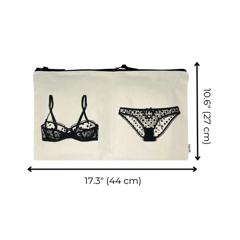 Bag-all Double Lingerie Packing Pouch in Cream with black illustrated bra and panty design, featuring dual compartments for organized intimate storage, 17.3 x 10.6 inches