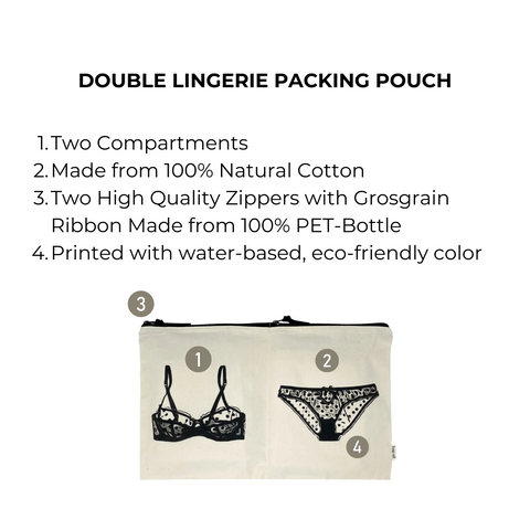 Bag-all Double Lingerie Packing Pouch in Cream - eco-friendly cotton travel organizer with dual compartments for bras and underwear, featuring sustainable zippers and natural fabric