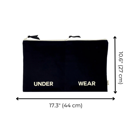 Bag-all Double Lingerie Packing Pouch in black cotton featuring UNDER WEAR text print, dual zippers with recycled grosgrain ribbon, measuring 17.3x10.6 inches for organized travel storage