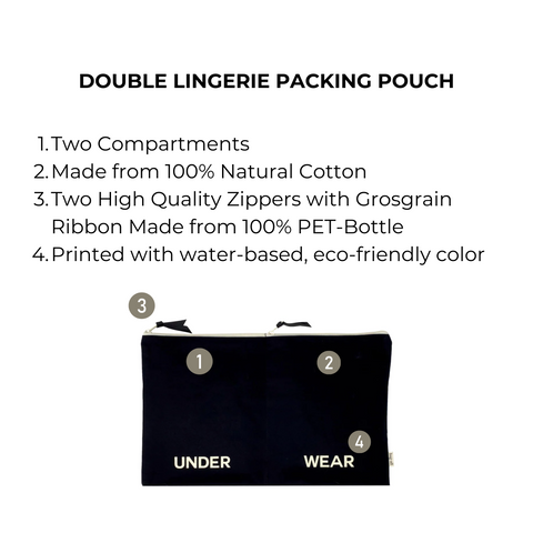 Bag-all Double Lingerie Packing Pouch in black cotton with dual compartments and recycled zipper closures, featuring "UNDER WEAR" text print for organized travel storage