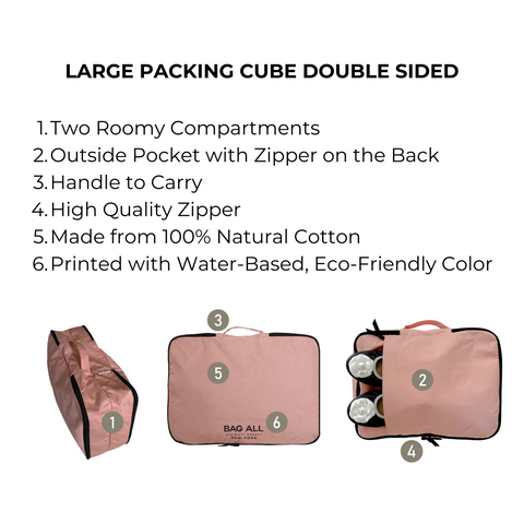 Bag-all Large Packing Cube Double Sided in pink/blush featuring two spacious compartments, external zipper pocket, carrying handle, and eco-friendly cotton construction for organized travel storage