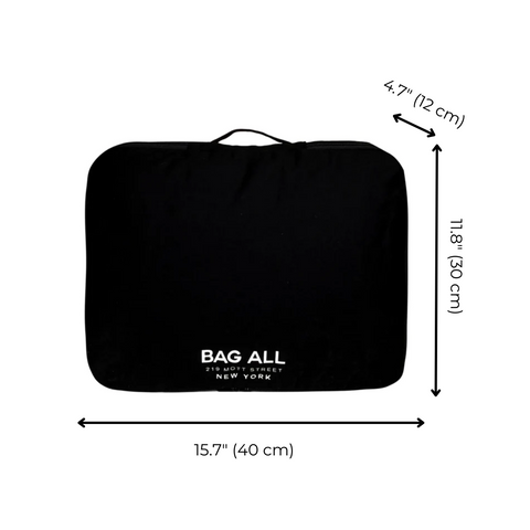 Bag-all Large Double Sided Packing Cube in Black with dimensions 40x30cm, featuring dual compartments and shoe storage pocket for efficient travel organization